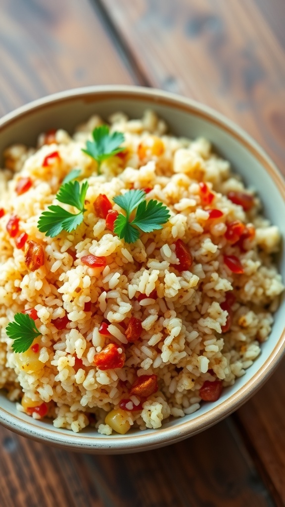 A colorful bowl of quinoa and rice pilaf garnished with parsley, on a rustic wooden table.